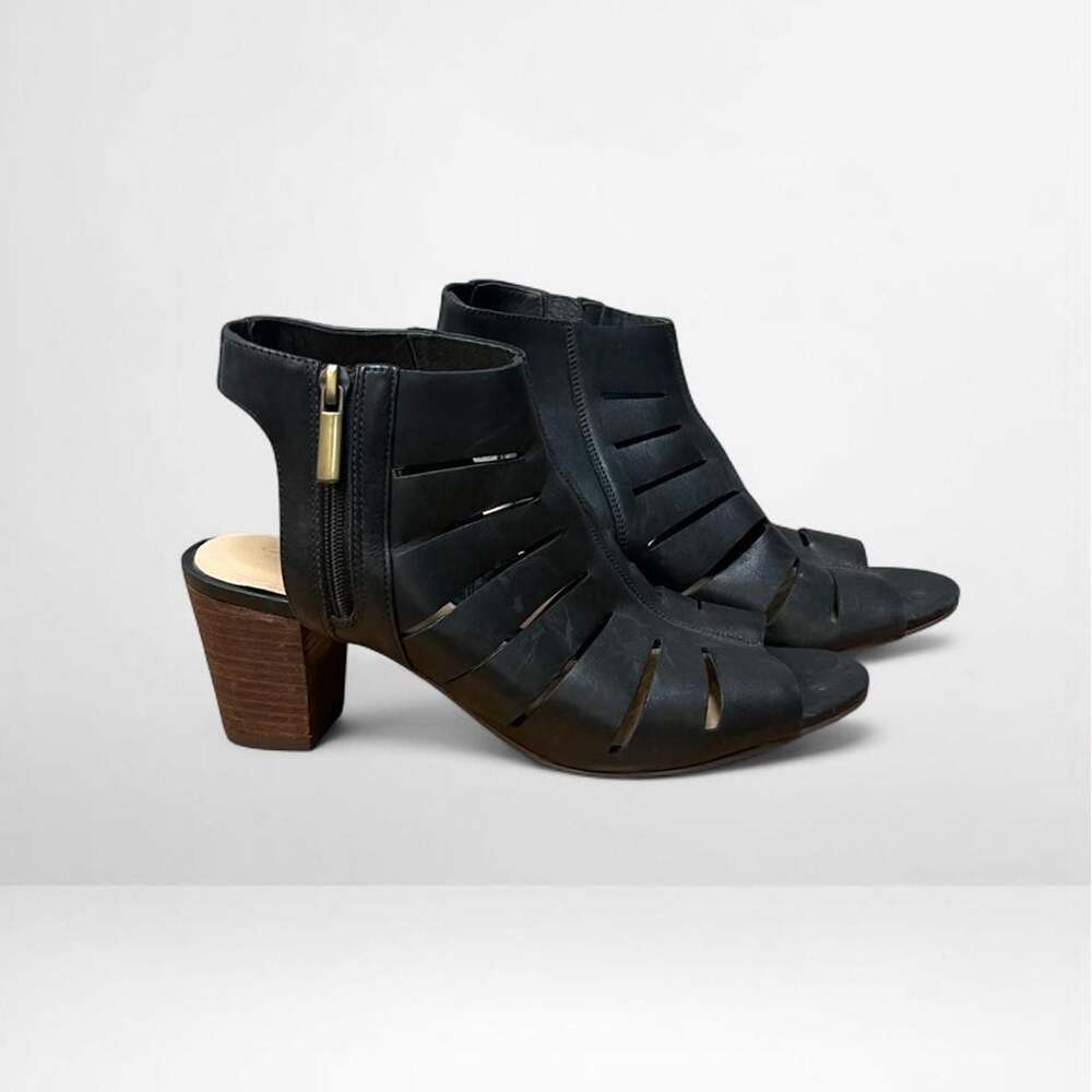 Clarks Artisan Black Leather Cutout Slingback Block Heel Sandals